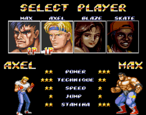Character selection Streets of Rage 2